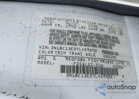 2007 Nissan Versa 1.8Sl from USA, damaged, VIN 3N1BC13E27L459592